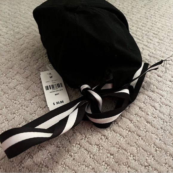 NWT! Black baseball cap with white stripe and ribbon back - Picture 2 of 3